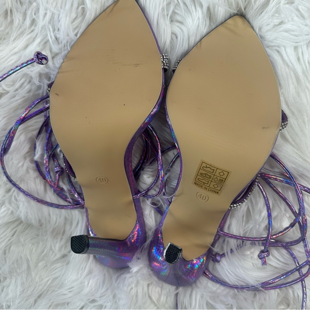 Dolls Kill • Iridescent Pointy Open Toe Wrap Up Stilettos with Rhinestones - Picture 4 of 14